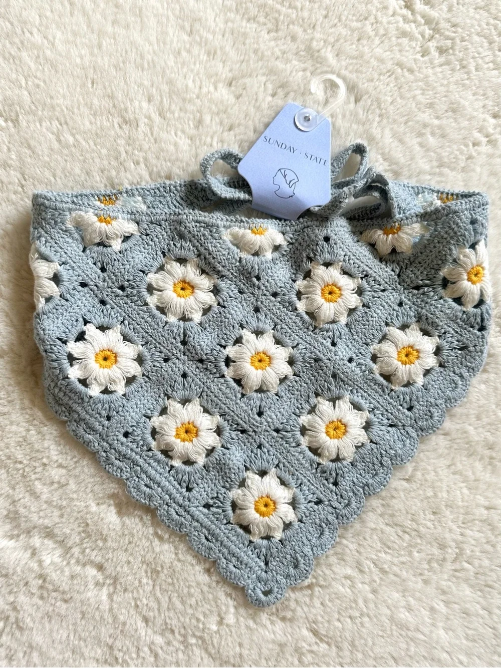 Sunday State Crochet Daisy Bandana in Light Blue and White